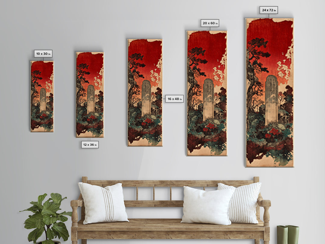 Ancient Stone Grave Under Crimson Sky Canvas Print, Gothic Japanese Wall Art, Dark Academia Decor, Moody Cemetery Artwork