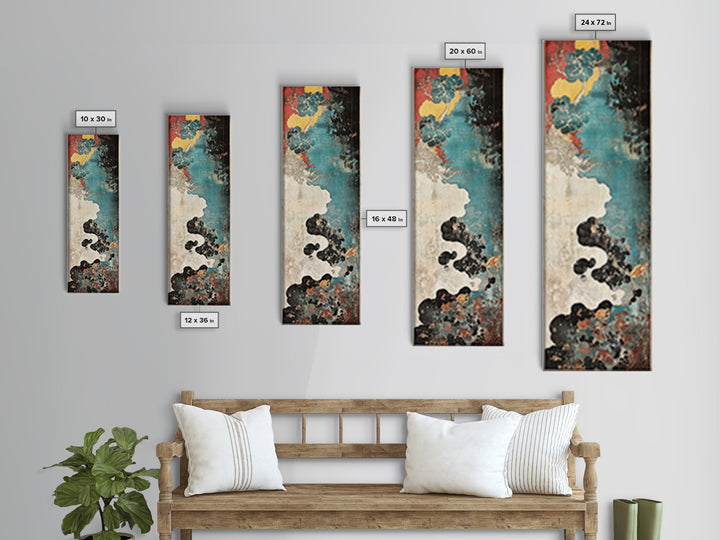 Turquoise Cloudscape With Red Moon Wall Art, Abstract Japanese Canvas Print, Moody Coastal Decor, Teal Black Statement Art