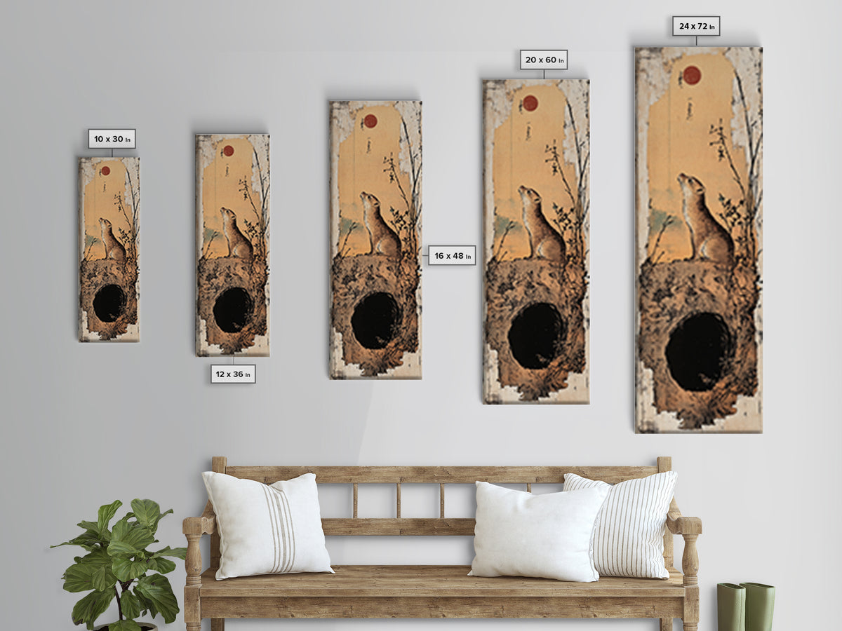 Prairie Dog At Burrow Under Red Moon Canvas Print, Whimsical Animal Wall Art, Japanese Nature Decor, Nursery Art Print, Kids Room Decor