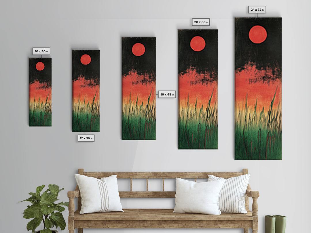 Red Sun Marsh Grass Canvas Print, Japanese Inspired Landscape, Moody Black And Green Wall Decor, Modern Nature Wall Art Print