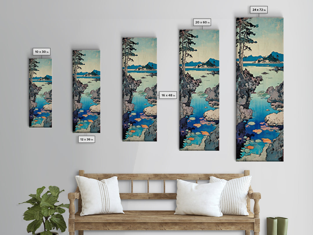 Rocky Coastal Cove Framed Canvas Print, Japanese Landscape Wall Art, Blue Ocean Decor, Serene Living Room Nature Art Print