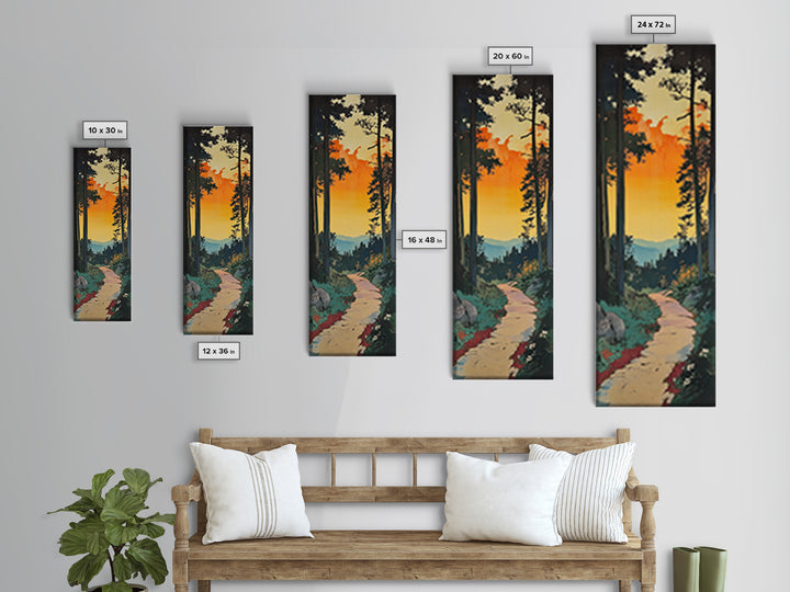 Sunset Forest Trail Canvas Print, Mountain Path Landscape Living Room Wall Art, Rustic Cabin Decor, Orange Sky Nature Art Print