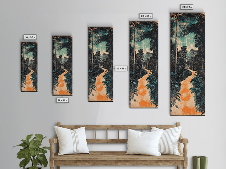 Teal Jungle Path At Dawn Wall Art, Japanese Landscape Print, Nature Wall Decor, Long Vertical Art, Moody Living Room Decor