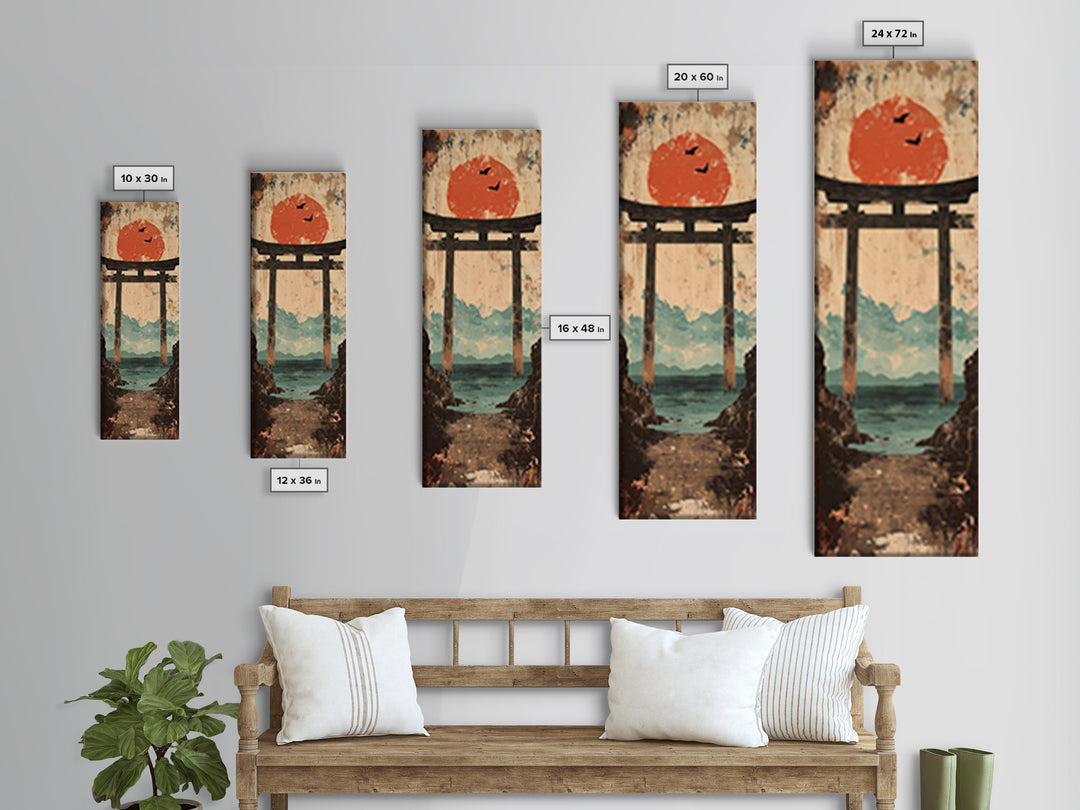 Red Sun Torii Gate Over Sea Framed Canvas Print, Japanese Wall Art, Coastal Landscape, Zen Home Decor, Entryway Wall Decor