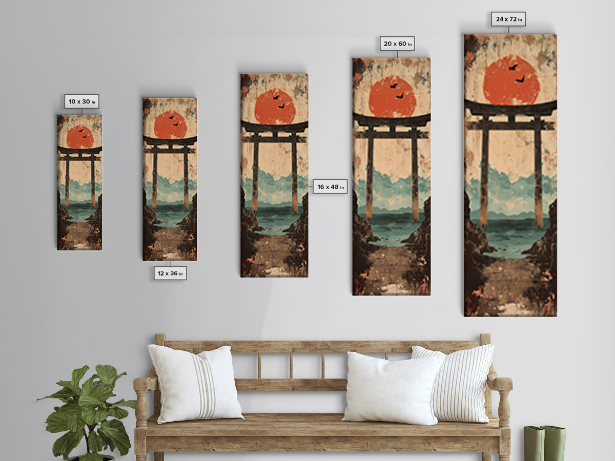 Red Sun Torii Gate Over Sea Framed Canvas Print, Japanese Wall Art, Coastal Landscape, Zen Home Decor, Entryway Wall Decor