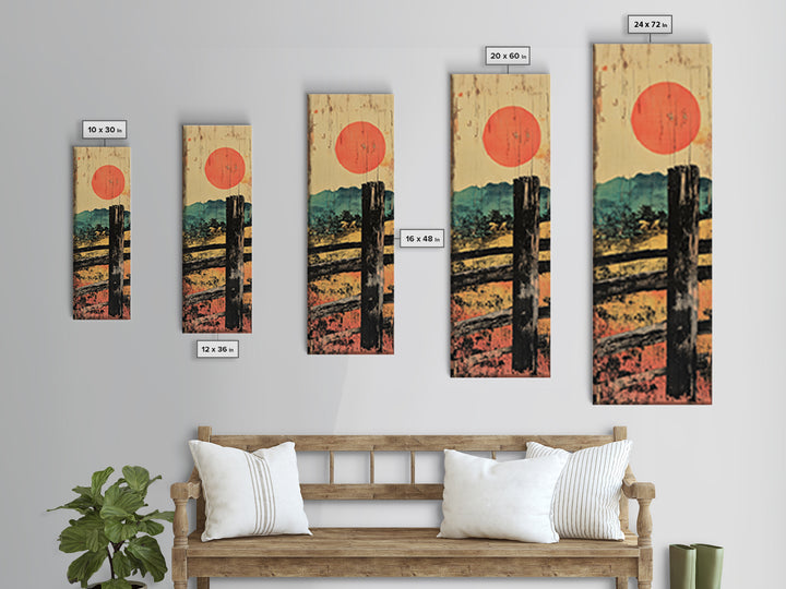 Rustic Fence And Red Sun Canvas Print, Japanese Countryside Landscape Wall Art, Japandi Decor, Earth Tone Living Room Art