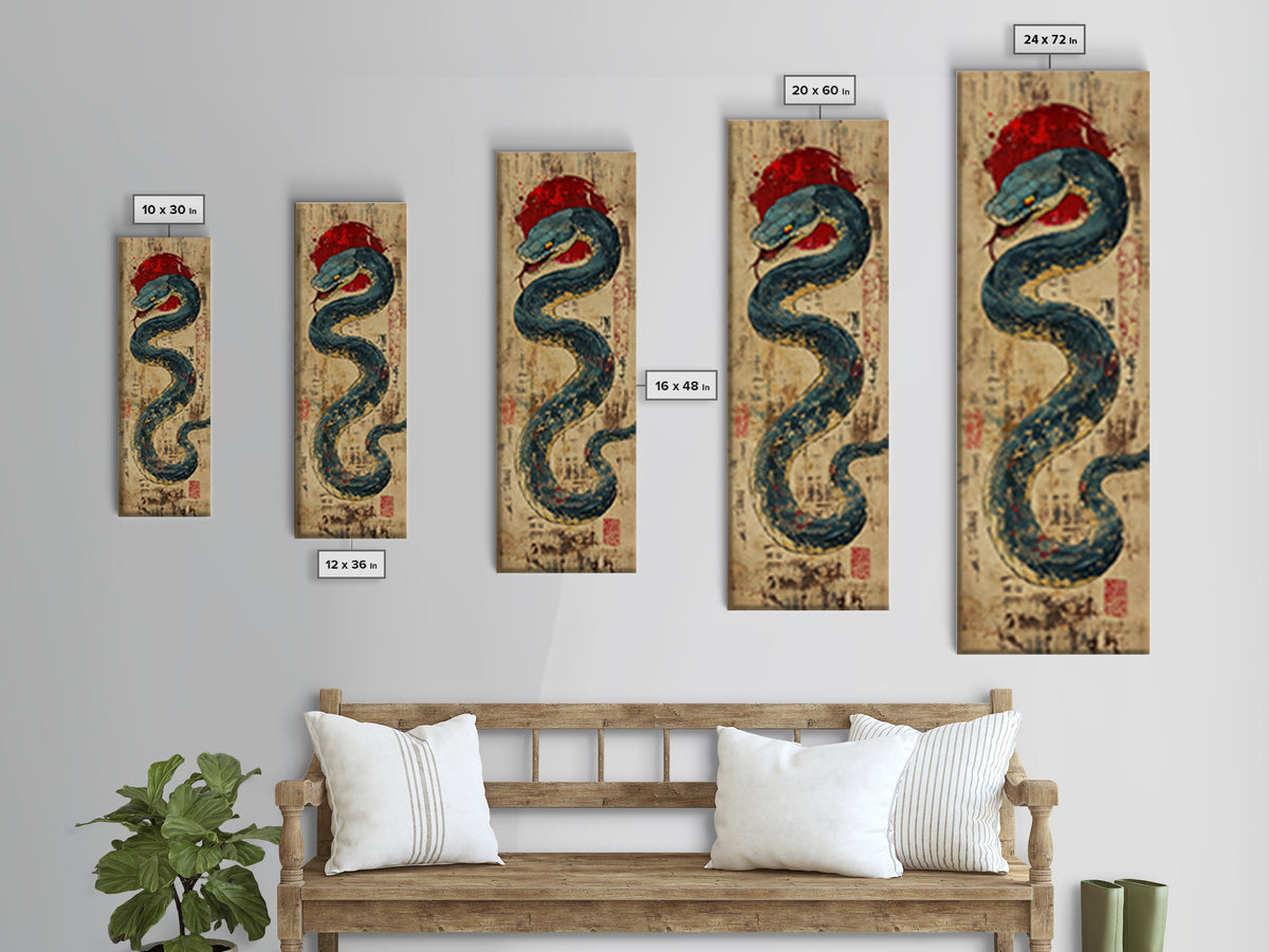 Blue Serpent With Red Sun Wall Art, Japanese Snake Illustration, Ukiyo-E Style Canvas Print, Mystical Asian Wall Decor, Office Decor