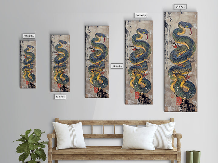 Coiled Blue Viper Snake Canvas Print, Japanese Animal Wall Art, Ukiyo-E Serpent Poster, Dark Academia Office Wall Decor Print