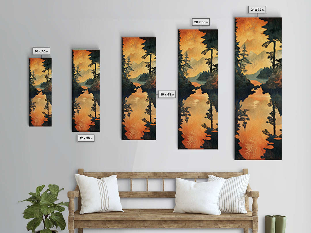 Golden Mountain Lake Sunset Wall Art, Pine Forest Landscape Canvas Print, Rustic Cabin Decor, Framed Canvas Print For Living Room