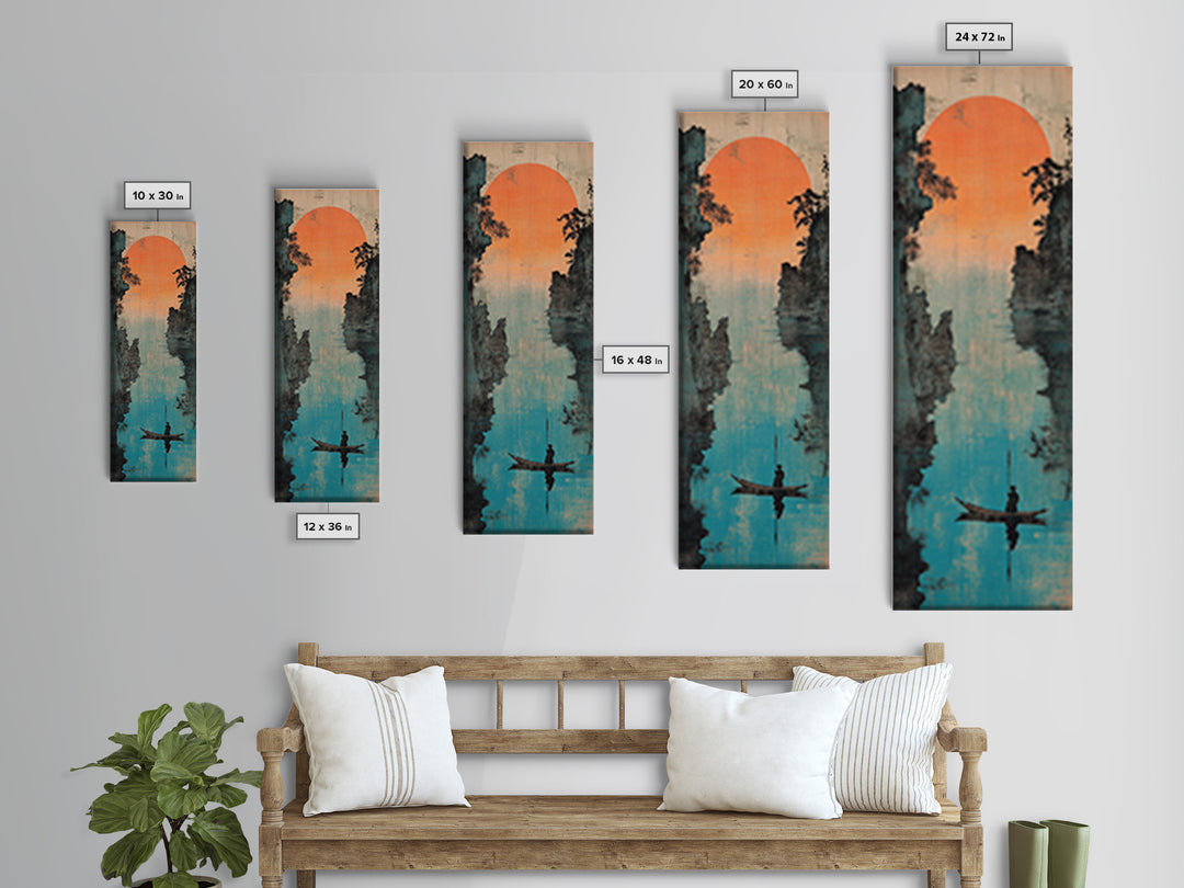 Misty River Canyon With Orange Sun Wall Art, Asian Landscape Canvas Print, Serene Fisherman Boat Framed Canvas Print Wall Decor