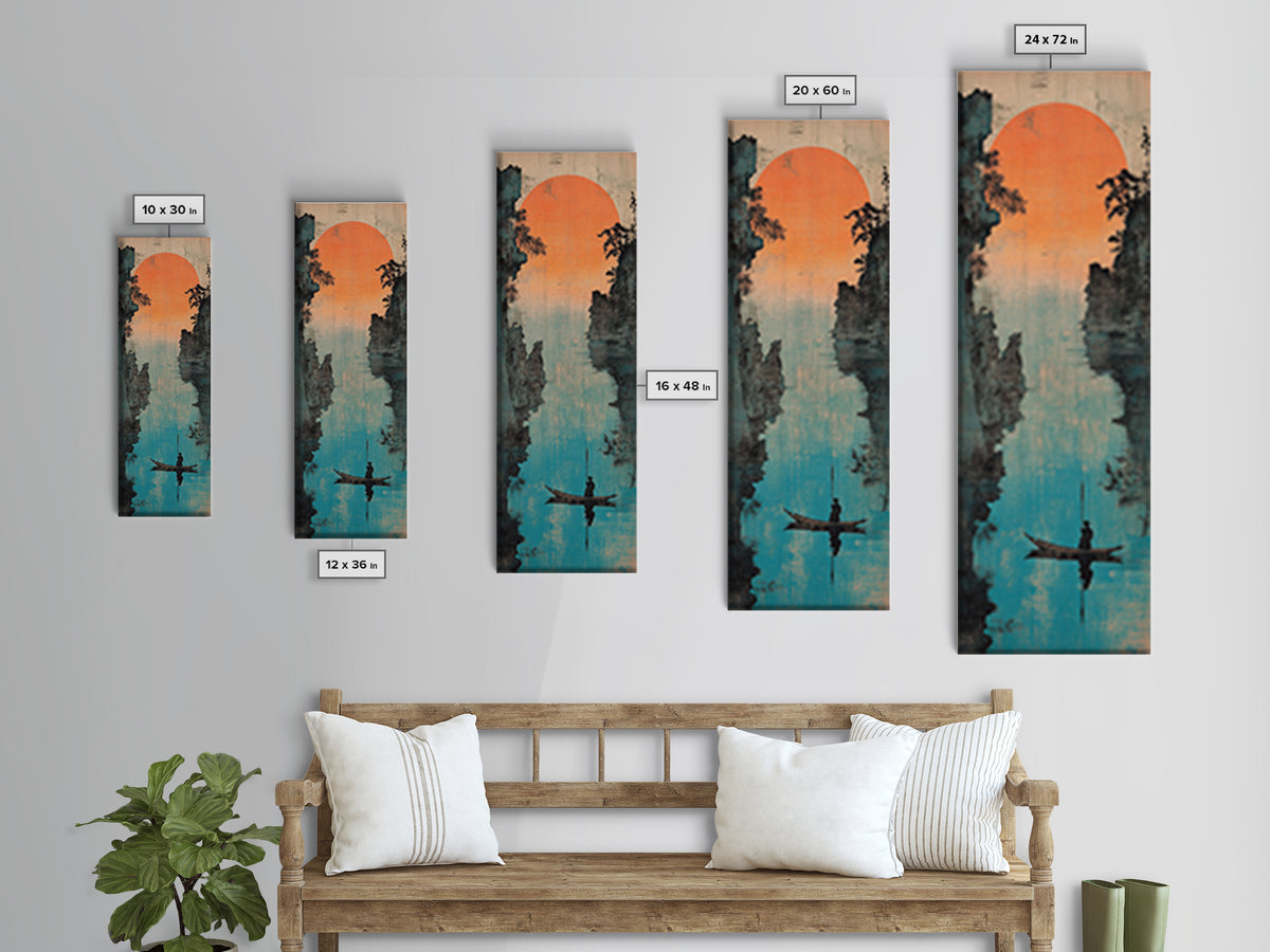Misty River Canyon With Orange Sun Wall Art, Asian Landscape Canvas Print, Serene Fisherman Boat Framed Canvas Print Wall Decor