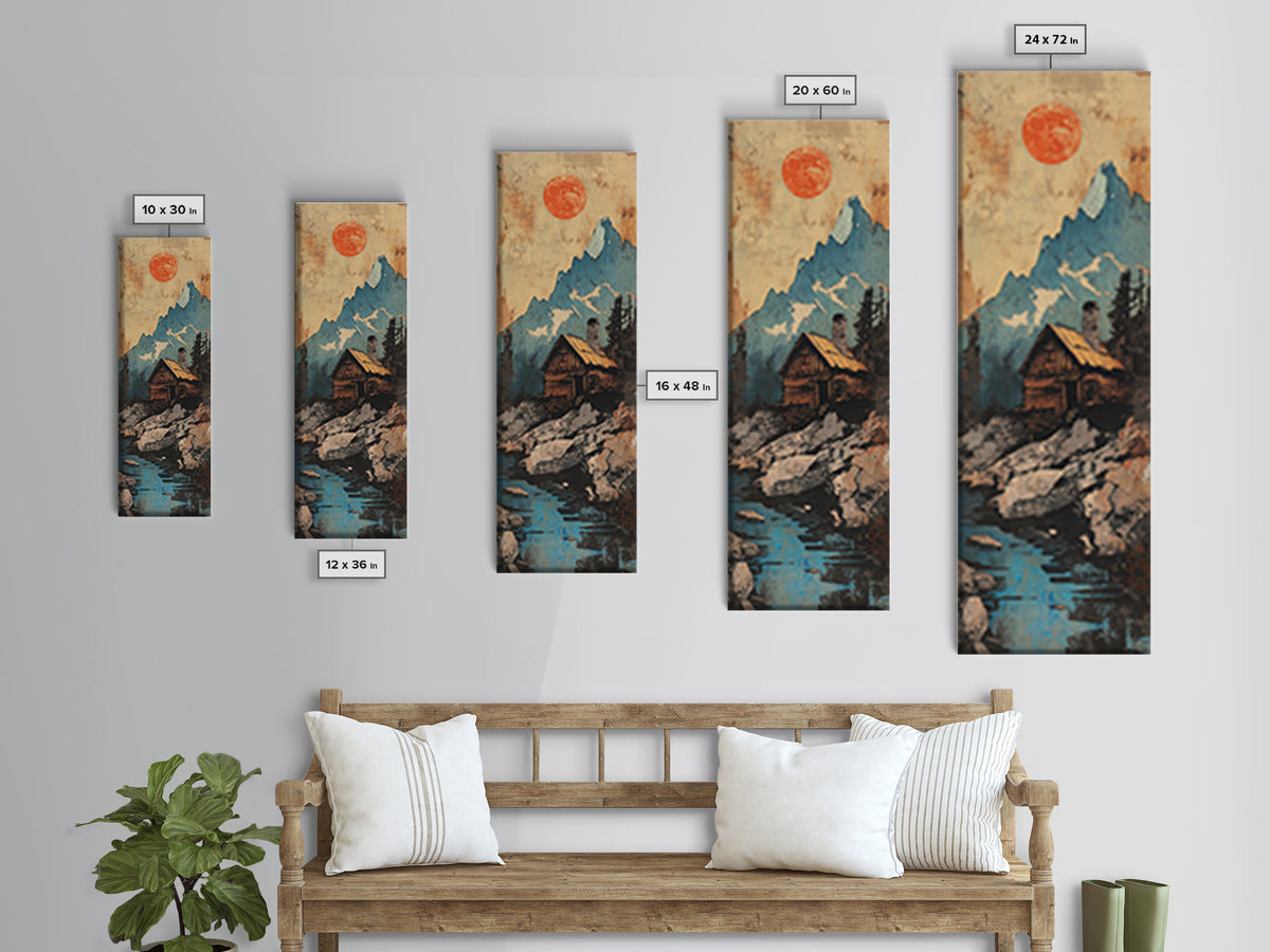 Alpine Cabin Below Blue Mountain Wall Art, Rustic Landscape Canvas Print, Red Sun Nature Decor, Framed Canvas Print For Cabin Living Room