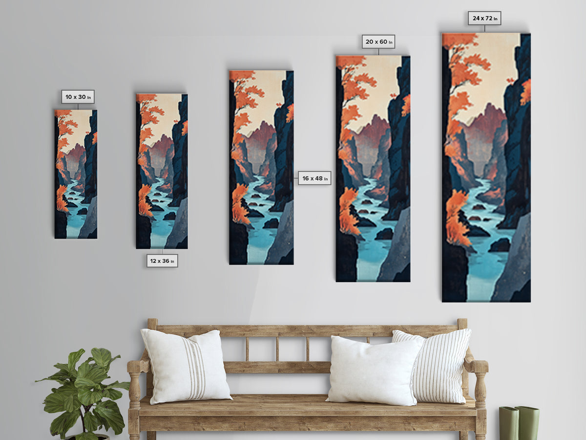 Autumn Canyon River Canvas Print, Japanese Landscape Wall Art, Orange Fall Trees, Moody Mountain Decor, Long Narrow Print