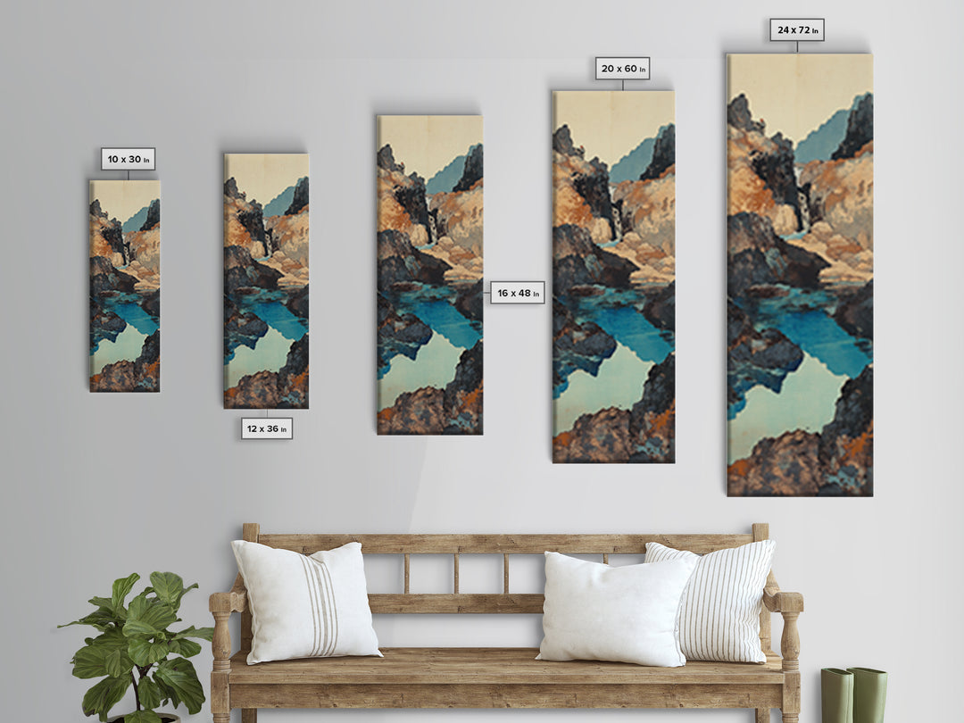 Turquoise Canyon Waterfall Framed Canvas Print, Mountain River Wall Art, Rustic Nature Decor, Japandi Long Narrow Wall Art