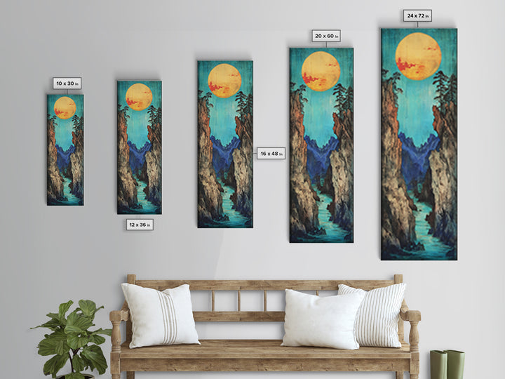 Turquoise Canyon River And Golden Sun Wall Art, Japanese Landscape Print, Japandi Wall Decor, Tall Canvas Art For Entryway