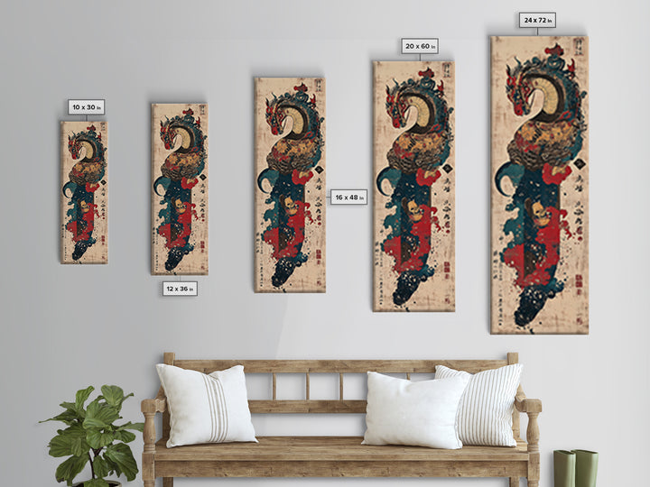 Ornate Asian Dragon And Mythical Serpent Wall Art, Japanese Inspired Decor, Fantasy Art Print, Bold Canvas Print For Entryway