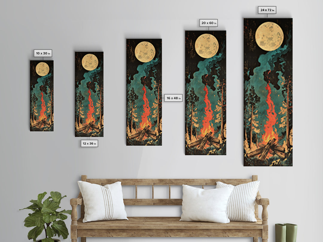 Full Moon Campfire Forest Wall Art, Dark Pine Woodland Canvas, Cozy Cabin Decor, Rustic Nature Print, Lodge Gift For Him