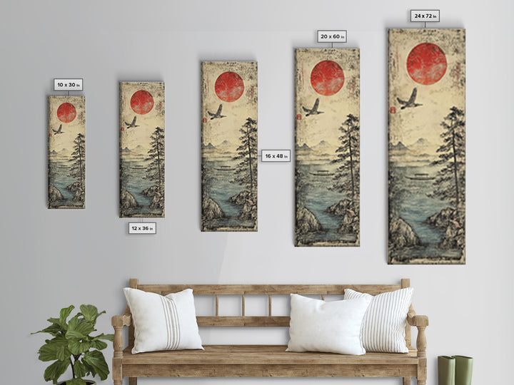Red Sun Over Misty Coastal Lake Wall Art, Japanese Landscape Print, Crane Bird Scene, Zen Nature Decor For Living Room, Home Decor