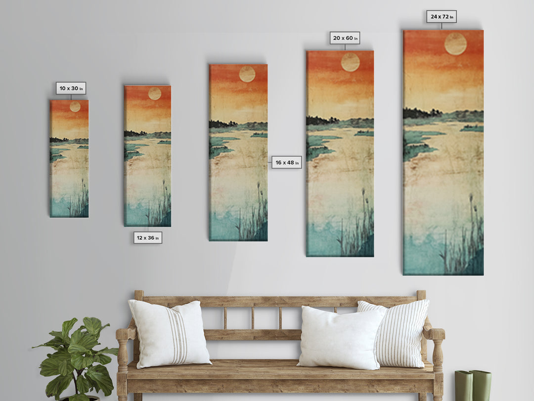 Orange Sunset Marsh Landscape Canvas Print, Minimal Japanese Seascape, Coastal Wall Art, Calm Bedroom Decor, Zen Home Decor