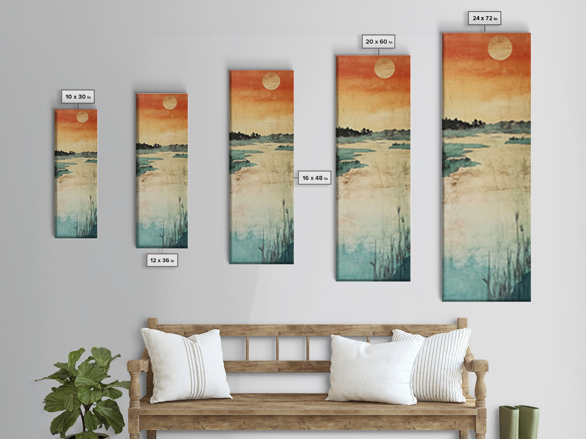 Orange Sunset Marsh Landscape Canvas Print, Minimal Japanese Seascape, Coastal Wall Art, Calm Bedroom Decor, Zen Home Decor