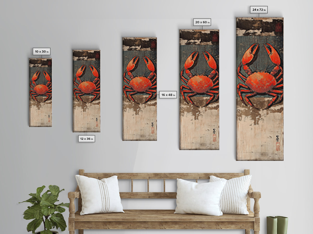 Bright Red Crab On Weathered Wood Wall Art, Nautical Japanese Seafood Print, Coastal Kitchen Decor, Beach House Canvas Print