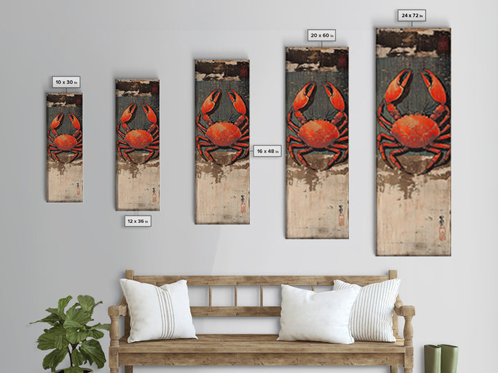 Bright Red Crab On Weathered Wood Wall Art, Nautical Japanese Seafood Print, Coastal Kitchen Decor, Beach House Canvas Print