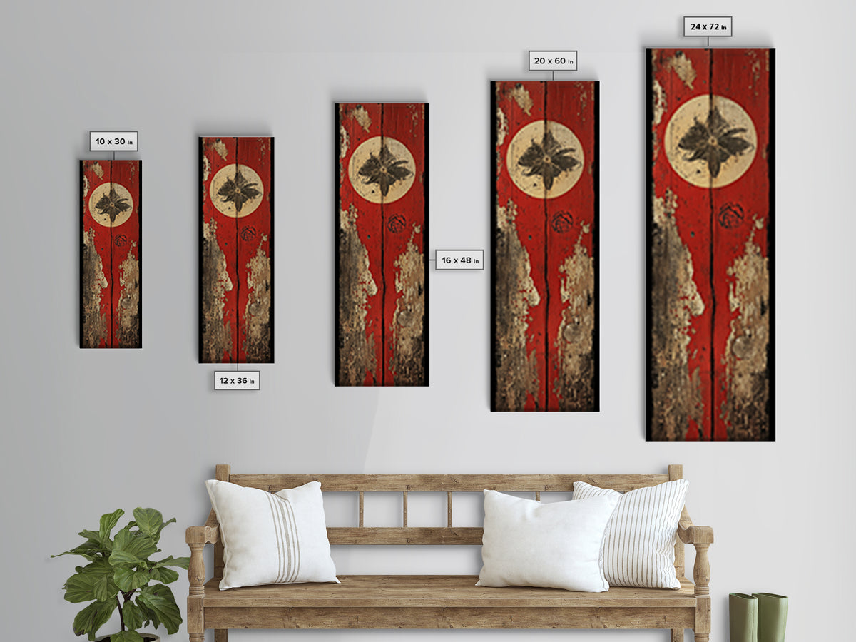Rustic Red Door With White Sun Wall Art, Weathered Japanese Texture Print, Narrow Vertical Decor, Wabi Sabi Canvas Print