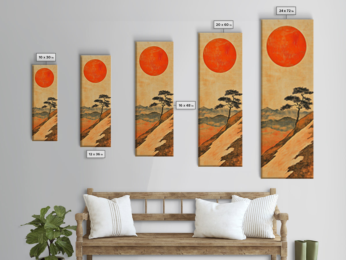 Large Red Sun Over Mountain Ridge Canvas Print, Japanese Landscape Wall Art, Earth Tone Decor, Minimalist Nature Art Print