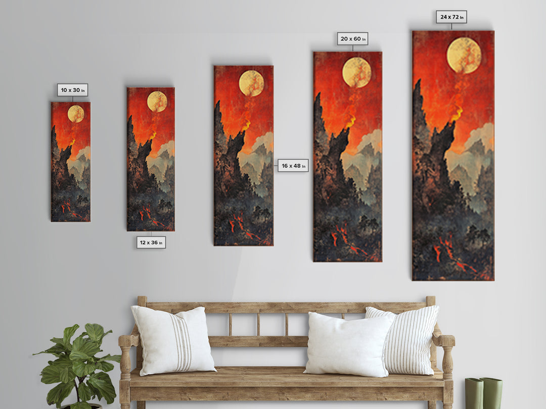 Fiery Moonlit Mountain Landscape Framed Canvas Print, Japanese Fantasy Wall Art, Moody Rustic Decor, Dramatic Nature Art