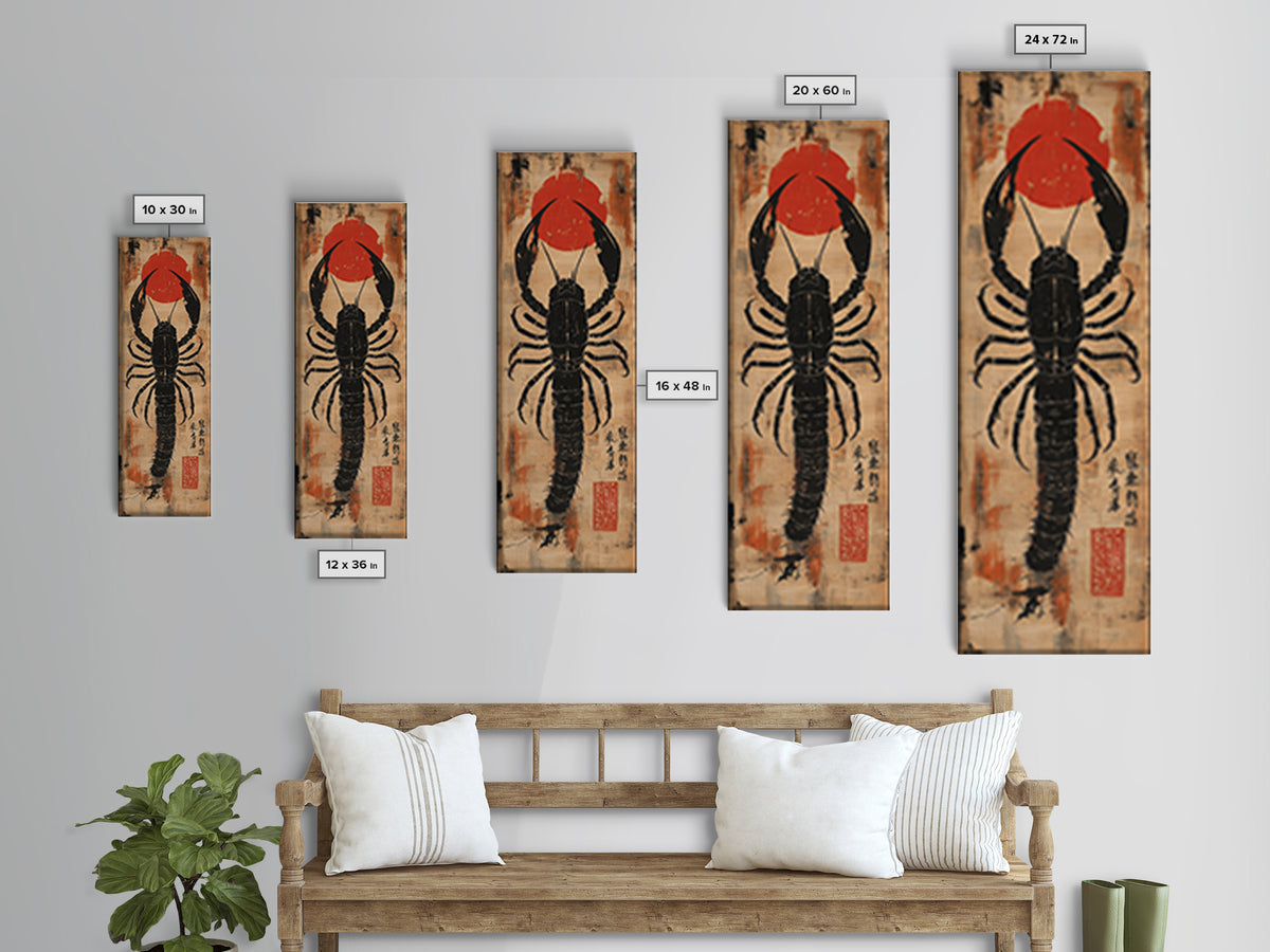 Black Lobster Under Rising Sun Wall Art, Japanese Seafood Kitchen Print, Coastal Nautical Decor, Bold Restaurant Art Print