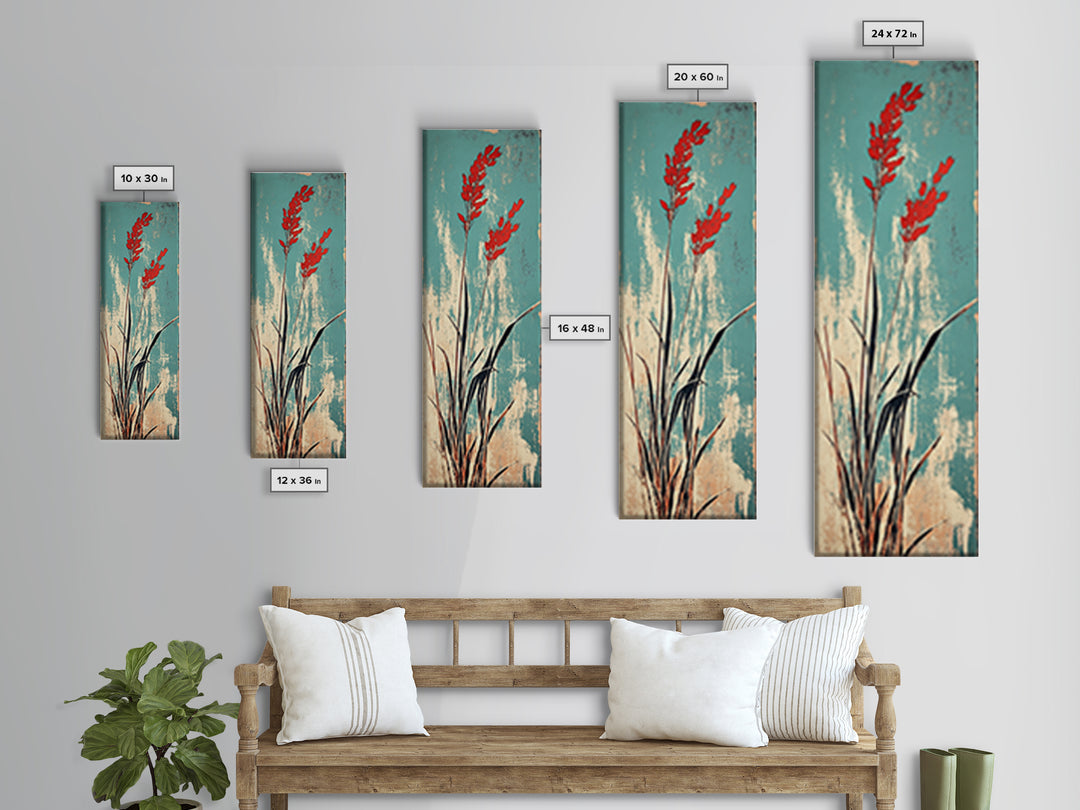 Red Coastal Grass Stems On Aqua Canvas Print, Japanese Botanical Wall Art, Minimalist Nature Decor, Modern Japandi Art Print