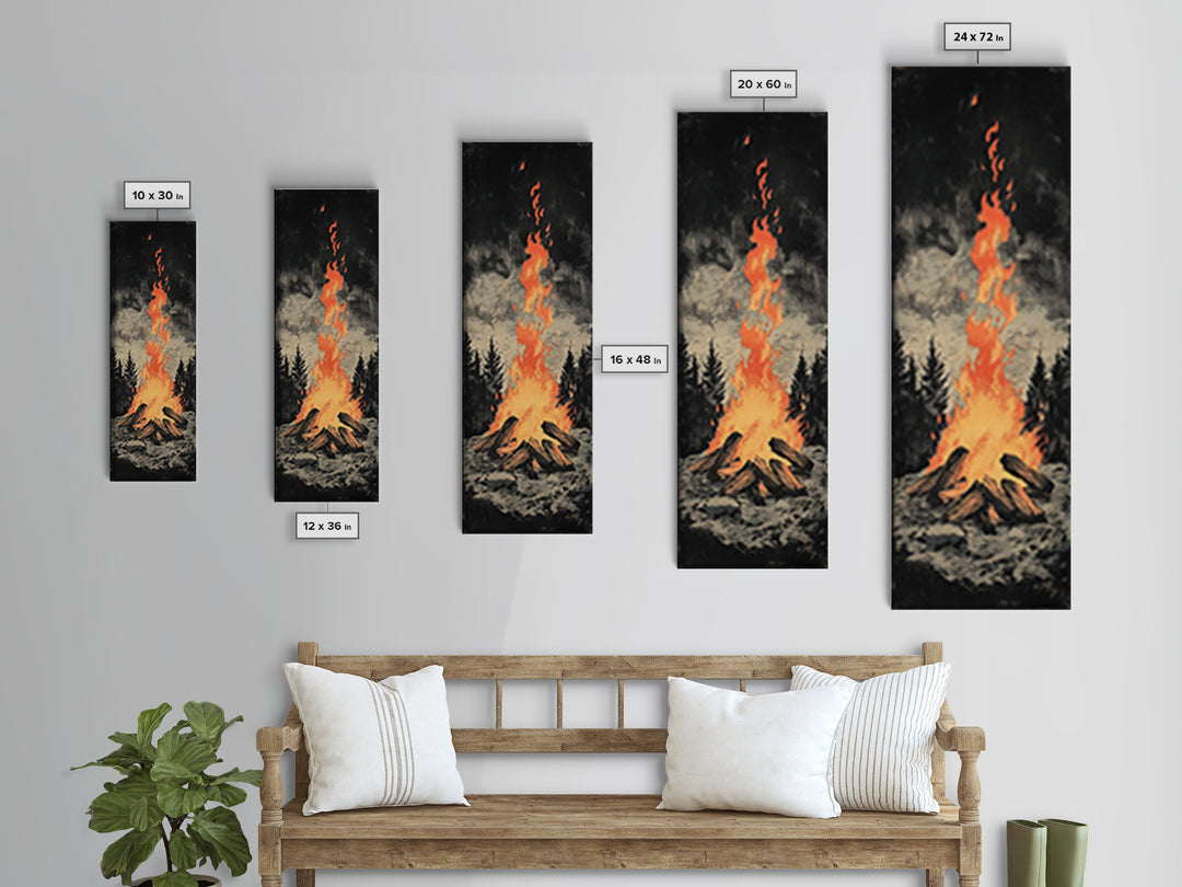 Glowing Campfire In Dark Pine Forest Framed Canvas Print, Rustic Cabin Wall Art, Cozy Lodge Decor, Moody Nature Art Print