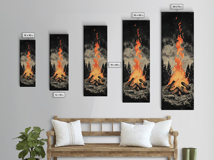 Glowing Campfire In Dark Pine Forest Framed Canvas Print, Rustic Cabin Wall Art, Cozy Lodge Decor, Moody Nature Art Print