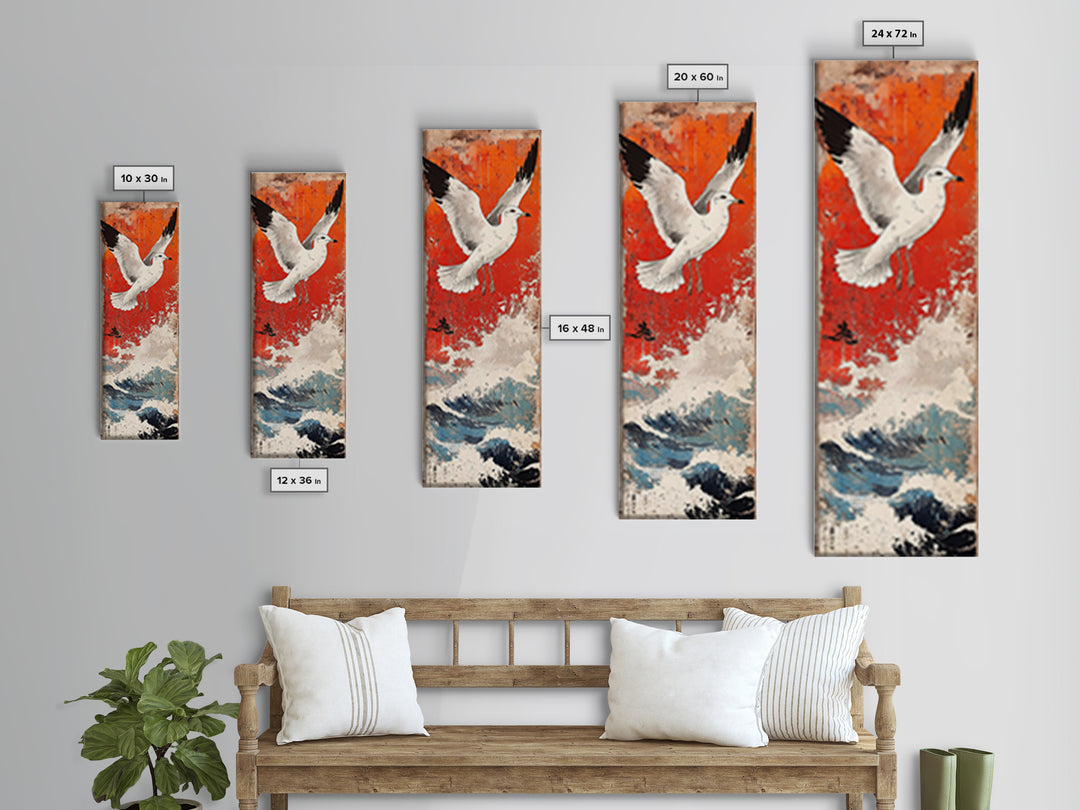 White Seagull Flying Over Ocean Waves Large Wall Art, Japanese Coastal Print, Nautical Beach House Decor, Seascape Art Print