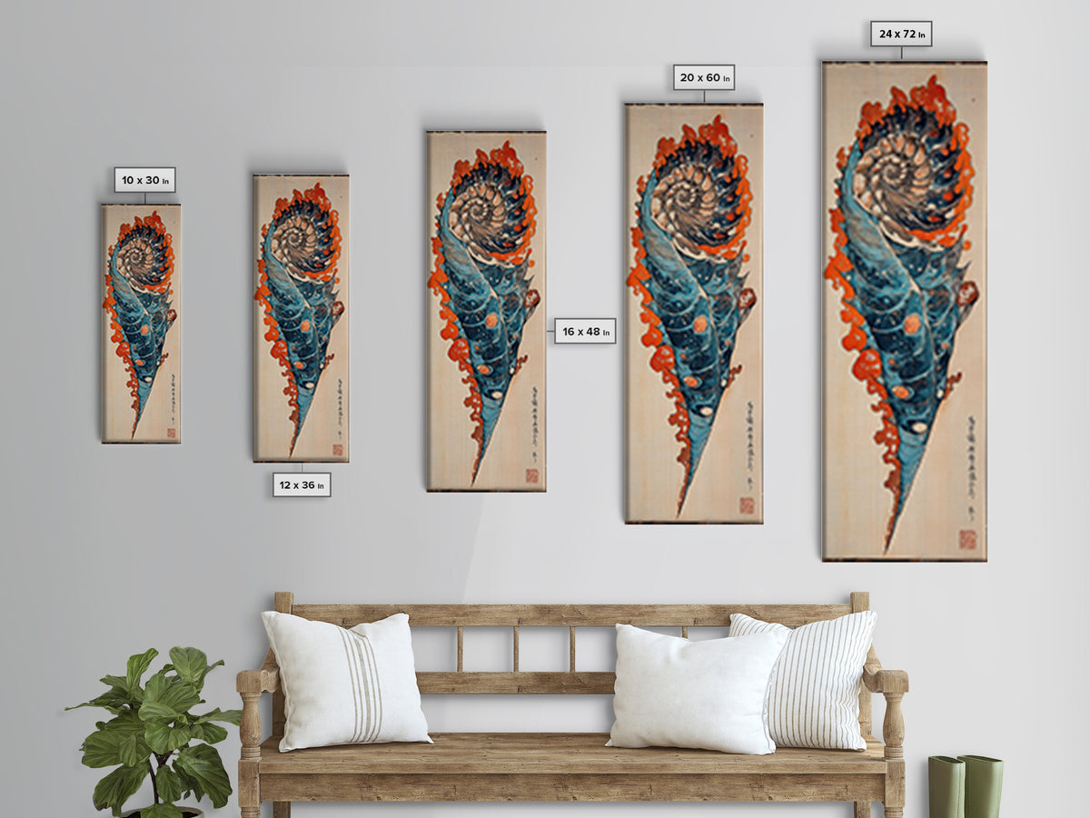 Blue Orange Spiral Seashell Wall Art, Japanese Woodblock Coastal Canvas Wall Decor, Nautical Ocean Print For Beach House