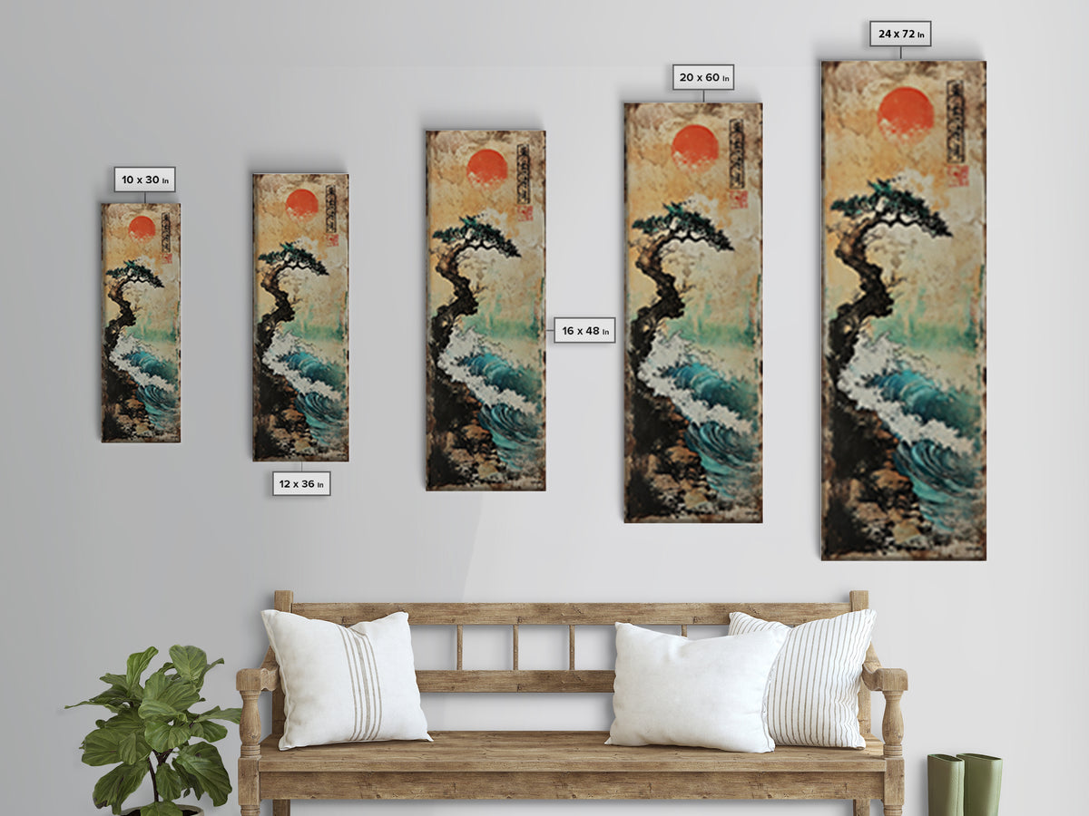 Red Sun Pine Cliff Seascape Wall Art, Japanese Wave Landscape Print, Coastal Zen Decor For Living Room And Office, Modern Home Decor