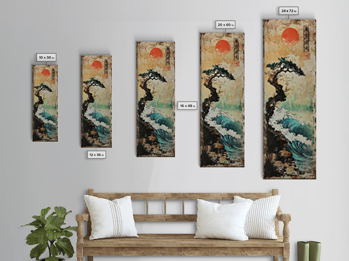 Red Sun Pine Cliff Seascape Wall Art, Japanese Wave Landscape Print, Coastal Zen Decor For Living Room And Office, Modern Home Decor