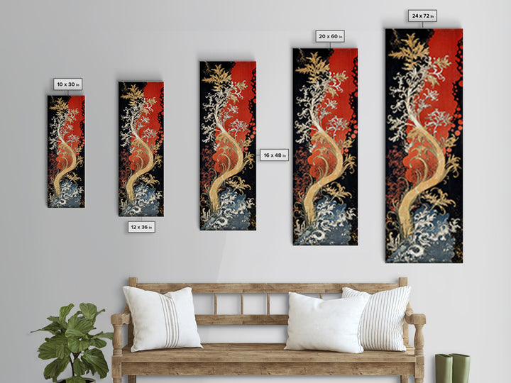 Golden Fantasy Tree With Waves Canvas Print, Art Nouveau Asian Inspired Wall Decor, Dramatic Red Black Living Room Art, Statement Artwork