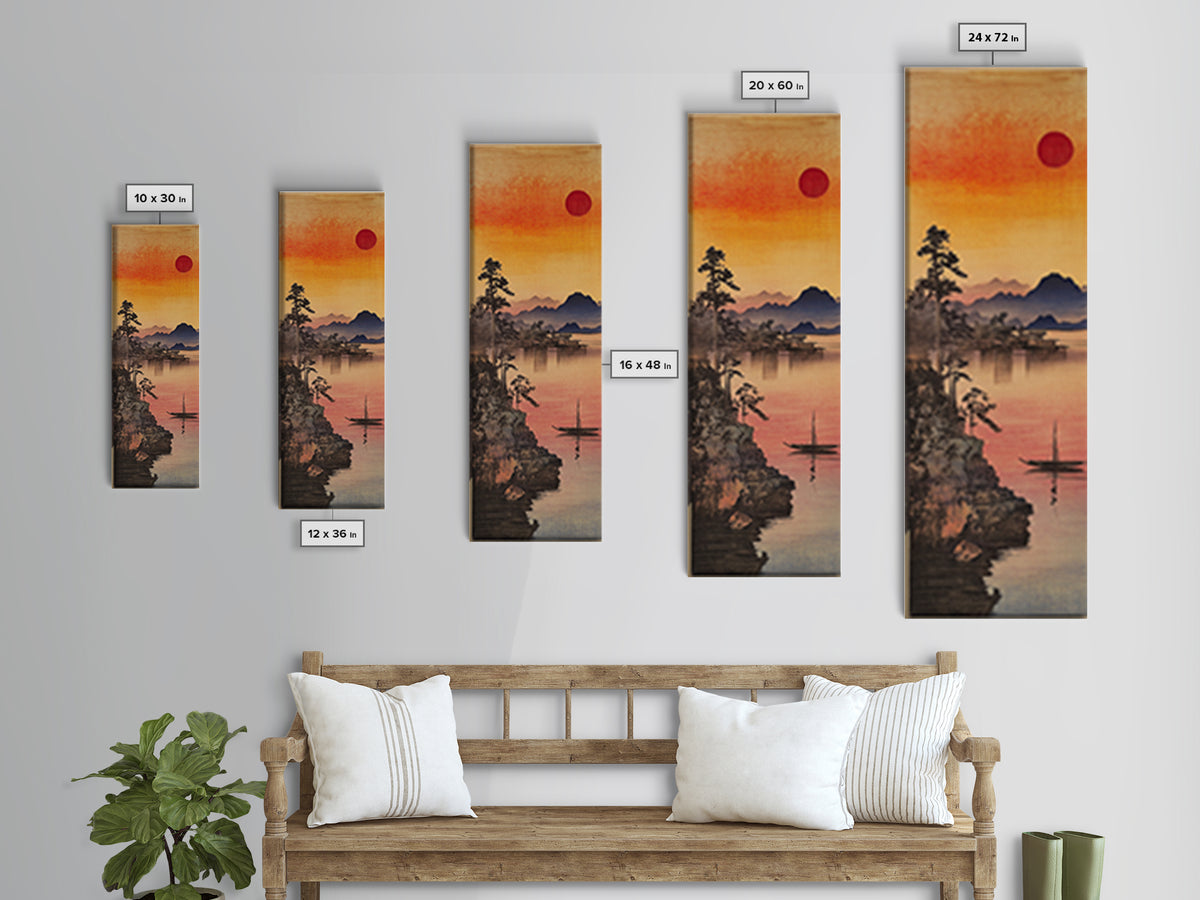 Orange Sunset Lake Mountain Wall Art, Japanese Landscape Print, Serene Nature Decor For Bedroom And Living Room, Framed Canvas Print