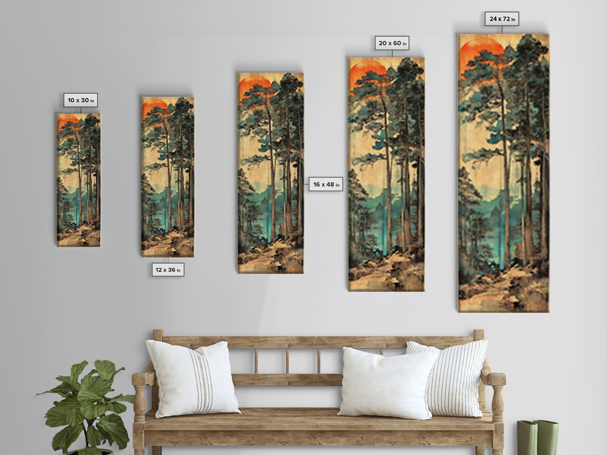 Tall Pine Forest Sunrise Wall Art, Japanese Woodblock Landscape Print, Misty Mountain Nature Decor For Living Room And Office Decor