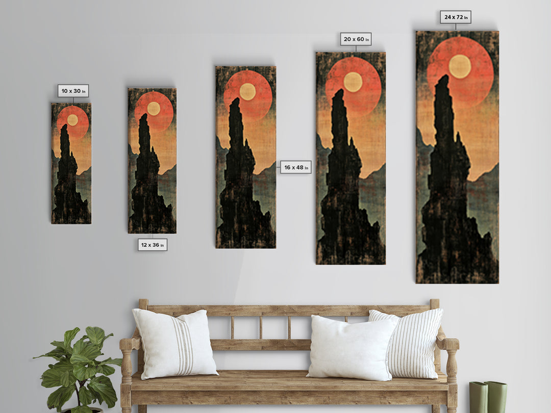 Black Rock Spire Eclipse Wall Art, Moody Japanese Mountain Landscape Print, Dark Academia Decor For Modern Living Room, Canvas Print