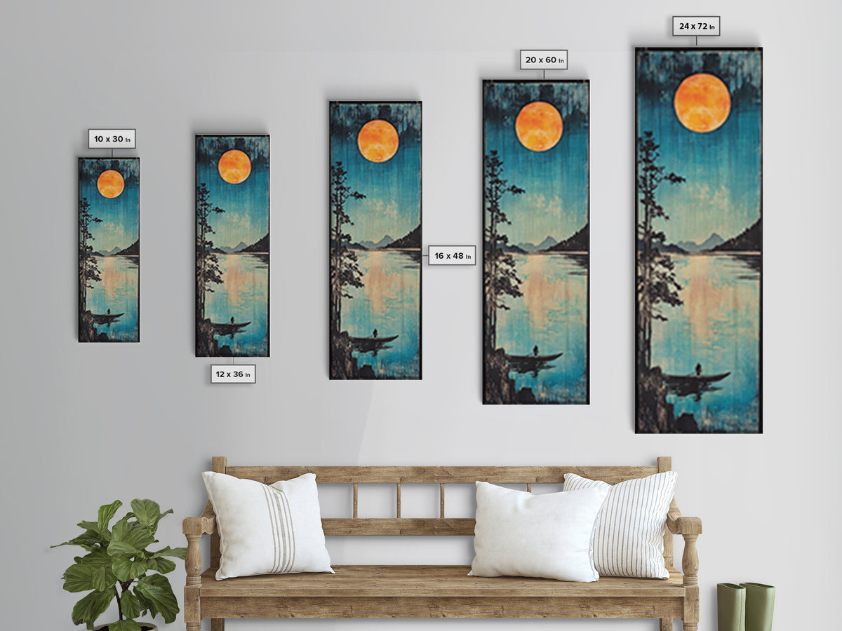 Orange Full Moon Over Mountain Lake Canvas Print, Serene Canoe Landscape Art, Japandi Wall Decor, Calming Bedroom Decor Gift