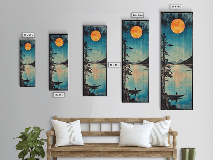 Orange Full Moon Over Mountain Lake Canvas Print, Serene Canoe Landscape Art, Japandi Wall Decor, Calming Bedroom Decor Gift