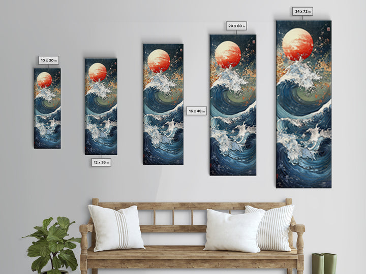 Great Wave With Red Sun Framed Canvas Print, Japanese Wall Art, Ocean Seascape, Nautical Decor, Bold Coastal Gift, Living Room Wall Decor