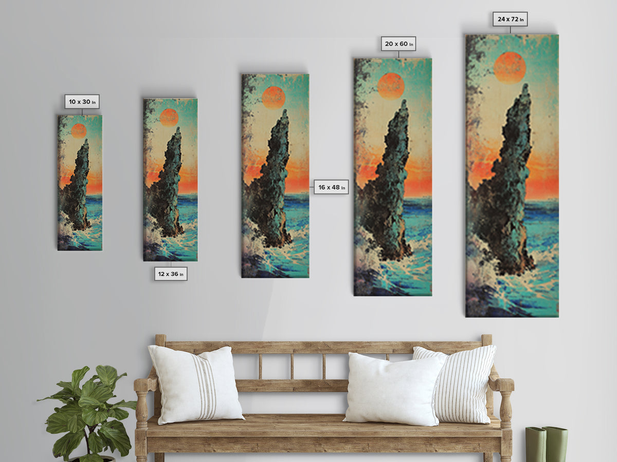 Dramatic Sea Stack At Sunset Wall Art, Japanese Coastal Landscape Print, Ocean Cliff Decor, Tall Narrow Canvas Gift, Living Room Decor