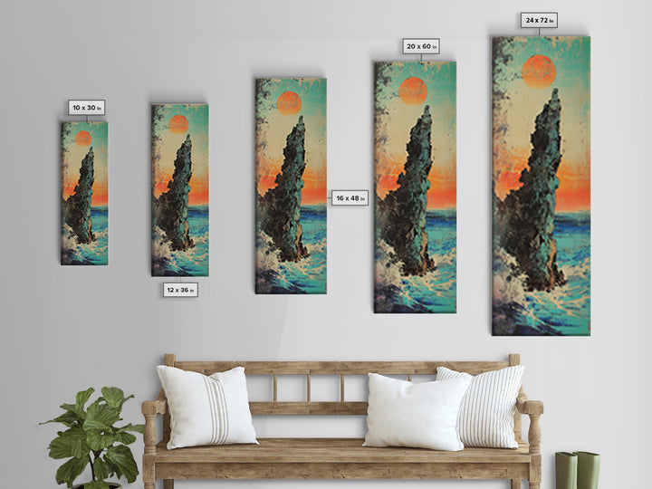 Dramatic Sea Stack At Sunset Wall Art, Japanese Coastal Landscape Print, Ocean Cliff Decor, Tall Narrow Canvas Gift, Living Room Decor