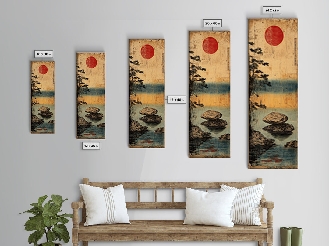 Misty Lake Rocks With Red Sun Wall Art, Japanese Landscape Print, Zen Coastal Decor, Japandi Living Room Wall Decor Gift
