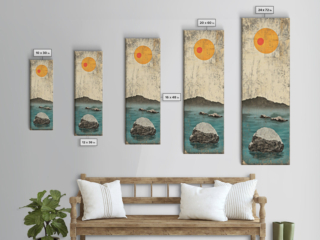 Minimal Ocean Rocks Beneath Yellow Sun Canvas Print, Japanese Seascape Wall Art, Neutral Coastal Decor, Zen Home Decor Gift