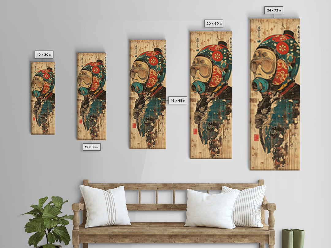 Steampunk Gas Mask Diver Helmet Framed Canvas Print, Japanese Cyberpunk Wall Art, Industrial Decor, Sci Fi Gift For Him Poster