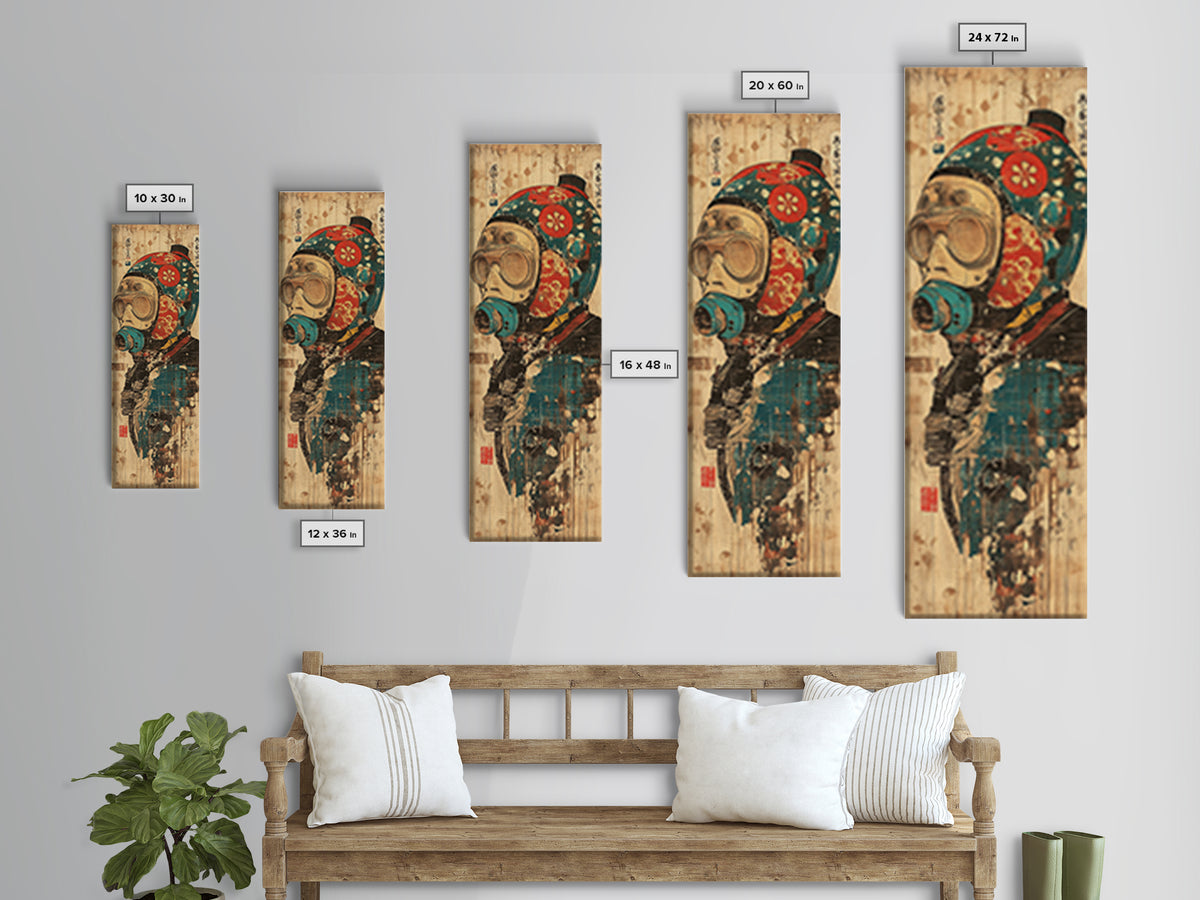Steampunk Gas Mask Diver Helmet Framed Canvas Print, Japanese Cyberpunk Wall Art, Industrial Decor, Sci Fi Gift For Him Poster